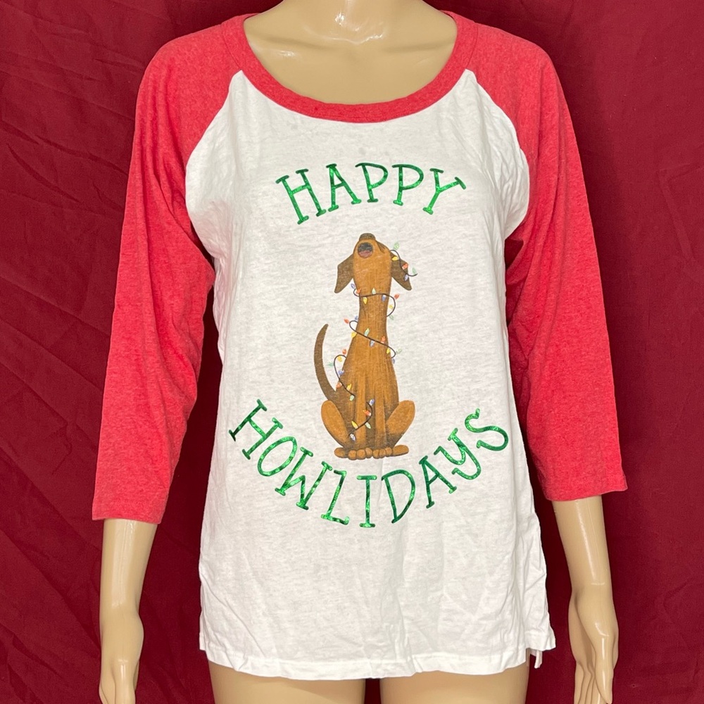 Soffe Happy Howlidays Dog Lovers Raglan T-Shirt Red & White Size Large